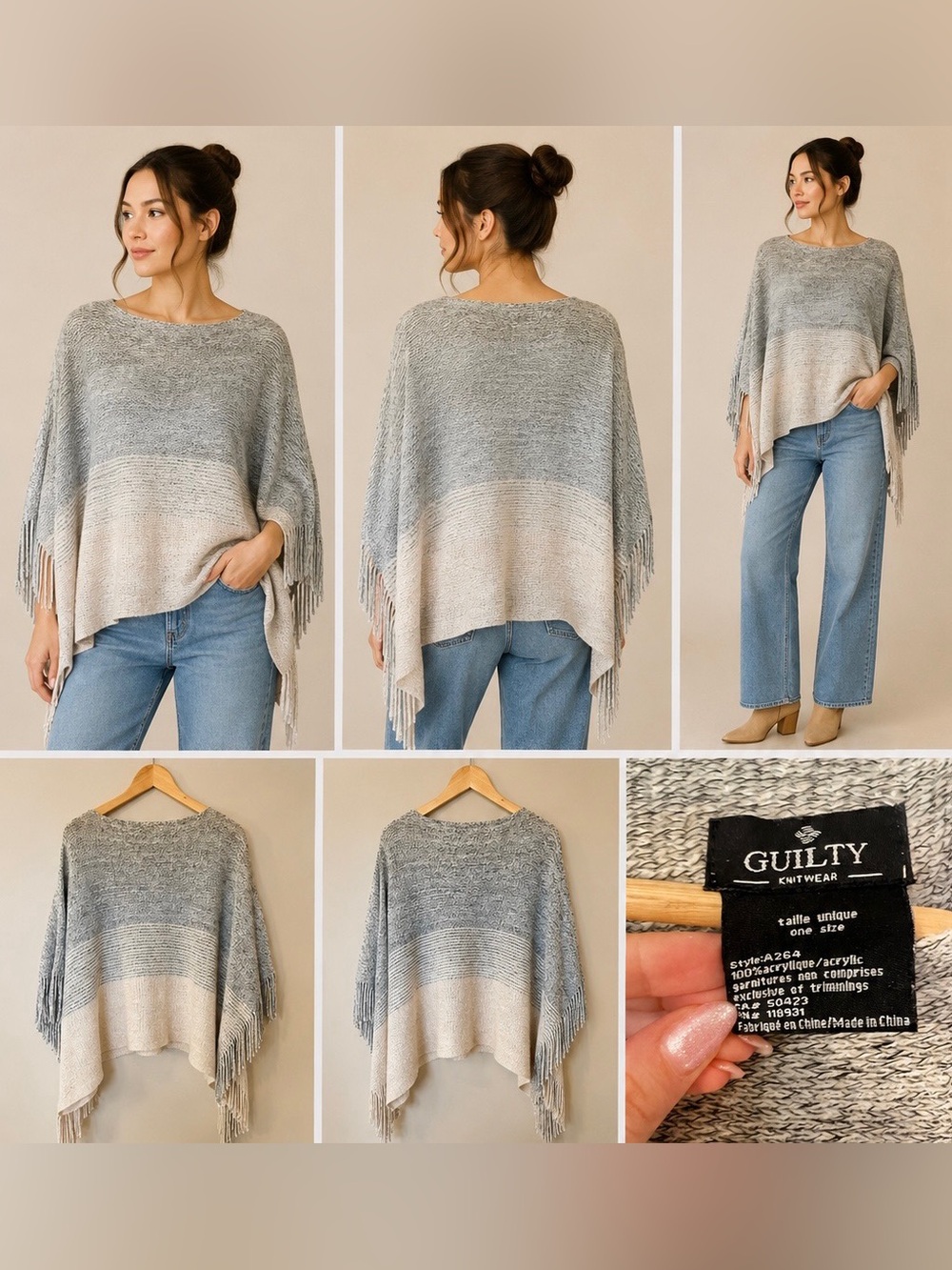 Ombre Gray & Cream Fringe Knit Poncho Sweater - Picture 2 of 5